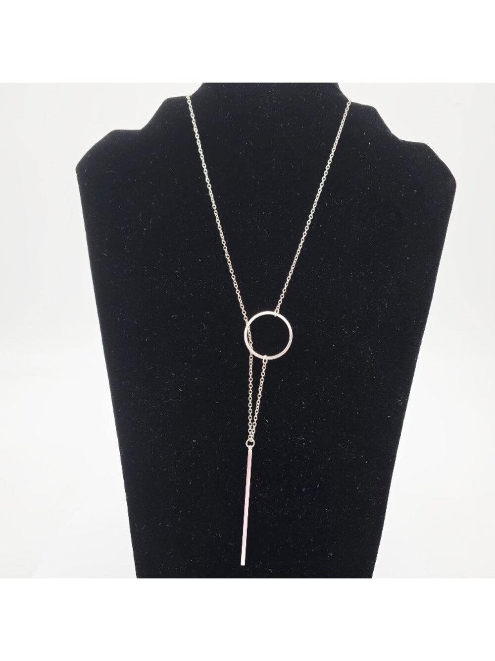 Minimalist Silver Tone 28"Necklace With Circle & Bar Pendant